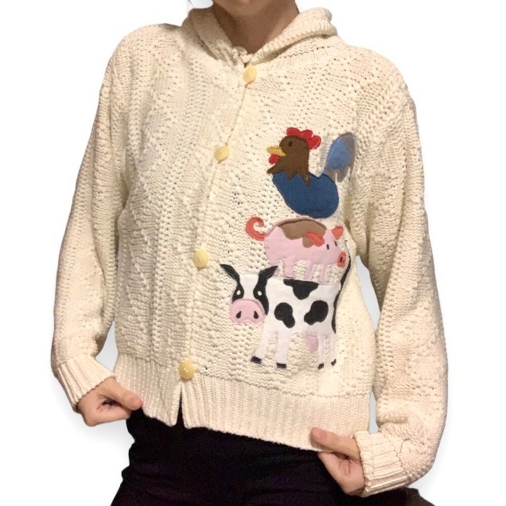 Title: Upcycled Farm Animal Patchwork Chunky Knit Hooded Cardigan M